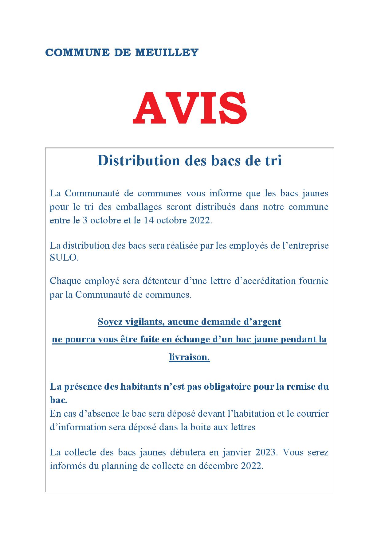 Avis distribution bacs jaunes pour le tri